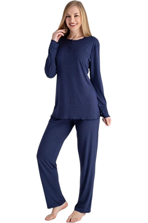 Pijama dama, StarFashion, bluza cu maneca lunga si pantaloni lungi, bumbac cu viscoza, Albastru