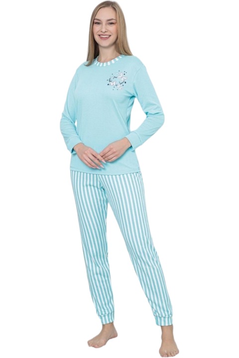 Pijama bumbac interlock, StarFashion, bluza cu maneca lunga si pantaloni lungi, Albastru deschis