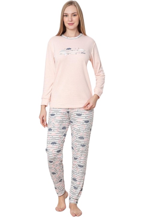 Pijama bumbac interlock, StarFashion, bluza cu maneca lunga si pantaloni lungi, Roz pudrat