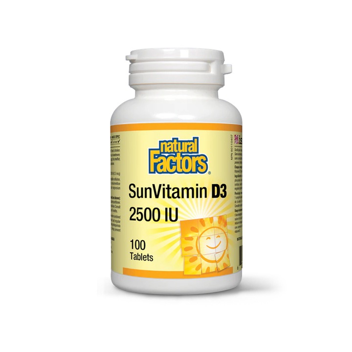 SunVitamin D3 Forte, 2500 UI, 100 tablete, Sustinerea Sistemului Imunitar cu Vitamina D3 Naturala, Natural Factors