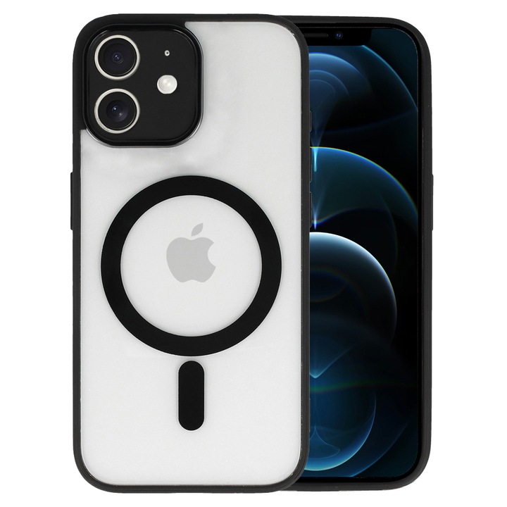 Полиуретанов защитен калъф MagSafe, съвместим с Apple iPhone 12, Mag Cover DeLuxe, гъвкава термопластична рамка, повдигнати ръбове, удобен, противоударен, съвместим с безжично зареждане, прозрачен/черен