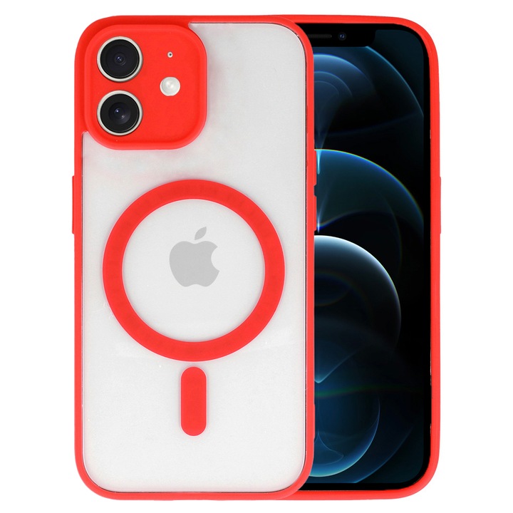Полиуретанов защитен калъф MagSafe, съвместим с Apple iPhone 12, Mag Cover DeLuxe, гъвкава термопластична рамка, повдигнати ръбове, удобен, противоударен, съвместим с безжично зареждане, прозрачен/червен