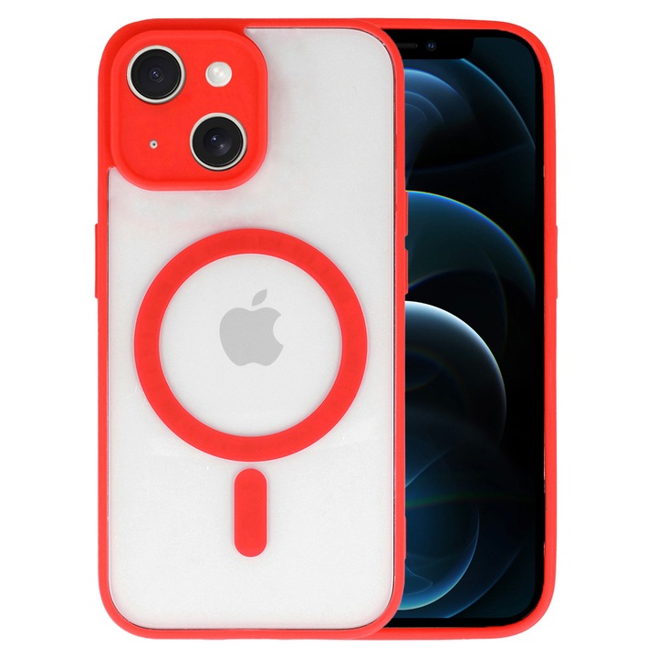 Полиуретанов защитен калъф MagSafe, съвместим с Apple iPhone 13, Mag Cover DeLuxe, гъвкава термопластична рамка, повдигнати ръбове, удобен, противоударен, съвместим с безжично зареждане, прозрачен/червен