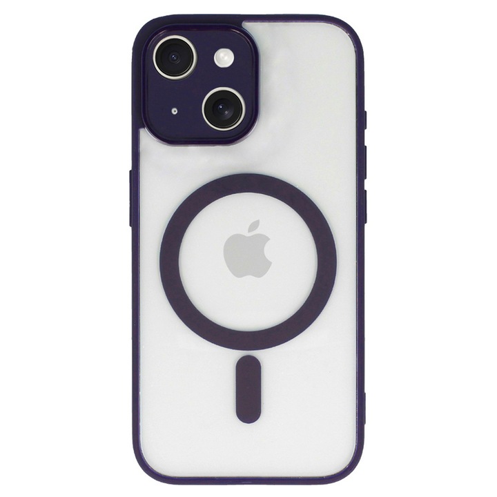 MagSafe poliuretán védőtok, kompatibilis az Apple iPhone 14 telefonnal, Mag Cover DeLuxe, Rugalmas hőre lágyuló keret, Emelt élek, Kényelmes, Ütésálló, Vezeték nélküli töltéssel kompatibilis, Átlátszó/Sötétlila