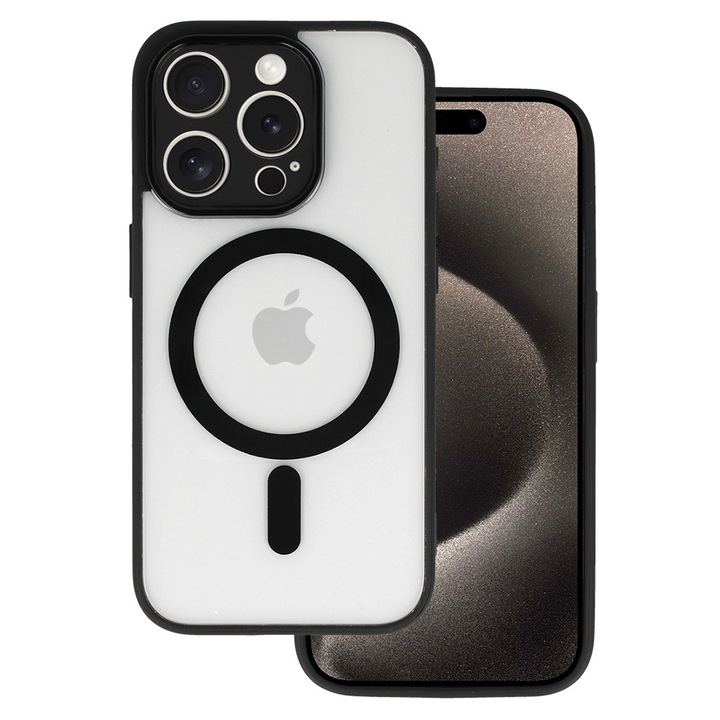 Калъф MagSafe, съвместим с Apple iPhone 15 Pro, Mag Cover DeLuxe, Гъвкава термопластична рамка, Повдигнати ръбове, Удобен, Прозрачен/черен