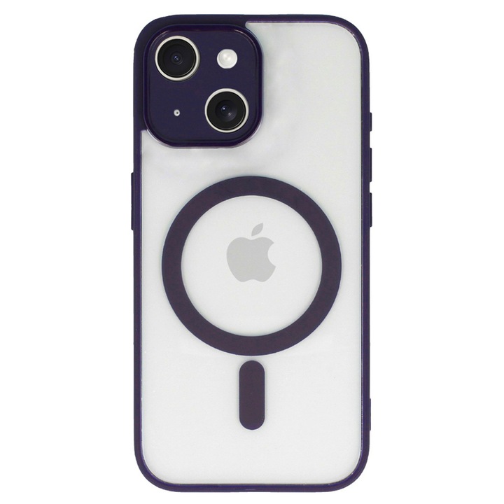 MagSafe poliuretán védőtok, kompatibilis az Apple iPhone 15 Plus készülékkel, Mag Cover DeLuxe, Rugalmas, hőre lágyuló keret, Megemelt élek, Kényelmes, Ütésálló, Vezeték nélküli töltéssel kompatibilis, Átlátszó/Sötétlila