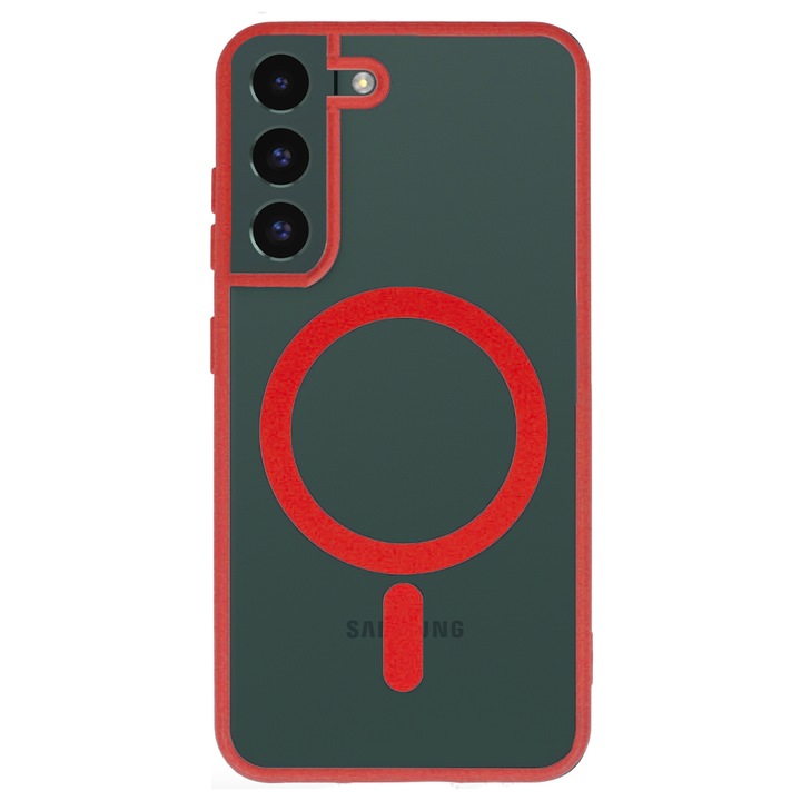 Полиуретанов защитен капак MagSafe, съвместим Samsung Galaxy S22, Mag Cover DeLuxe, гъвкава термопластична рамка, повдигнати ръбове, удобен, противоударен, съвместимо безжично зареждане, прозрачен/червен