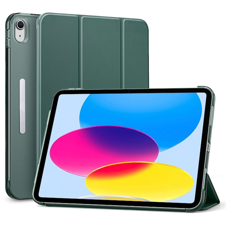 Apple iPad Air 4 (2020) kompatibilis burkolat, elülső hátsó védelem, Hybrid Slim 360 felhajtható burkolat, ökológiai bőr, áttetsző polikarbonát hátlap, mikroszálas képernyőburkolat, állvány funkció, automatikus alvás, vékony kialakítás, sötétzöld