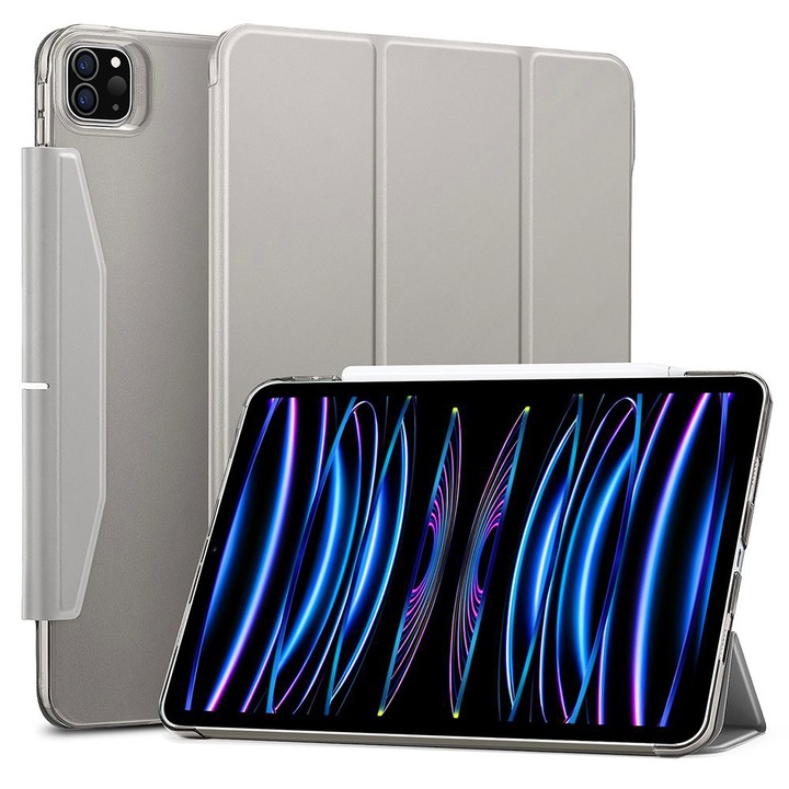 Калъф, съвместим с Apple iPad Pro 11 (2020), Защита отпред, Hybrid Slim 360 Flip Cover, Екологична кожа, Полупрозрачен поликарбонатен гръб, Микрофибърно покритие на екрана, Функция за стойка, Автоматично заспиване, Тънък дизайн, Сив