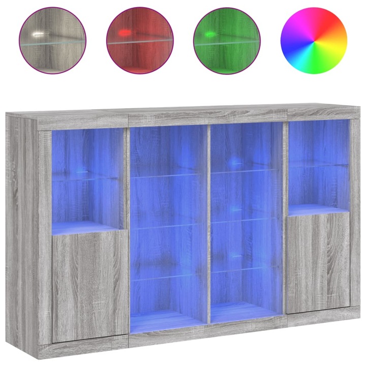 Servanta cu lumini LED vidaXL, 3 buc., gri sonoma, lemn prelucrat, 47.5 kg