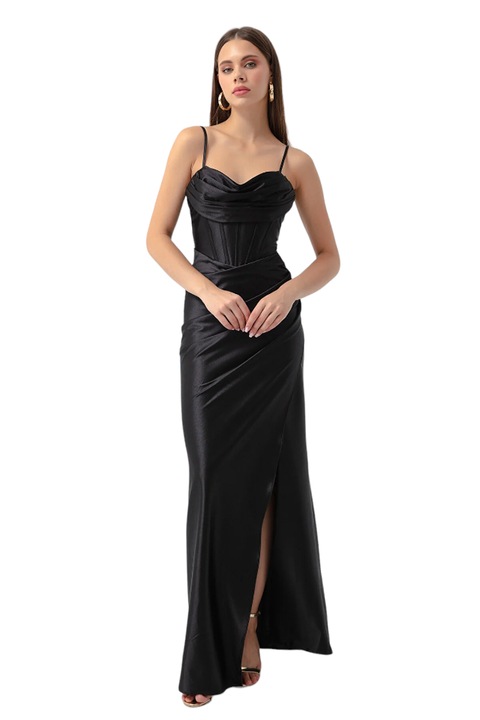 Elegáns női ruha fűzővel, hosszú, fekete univerzális méret sm