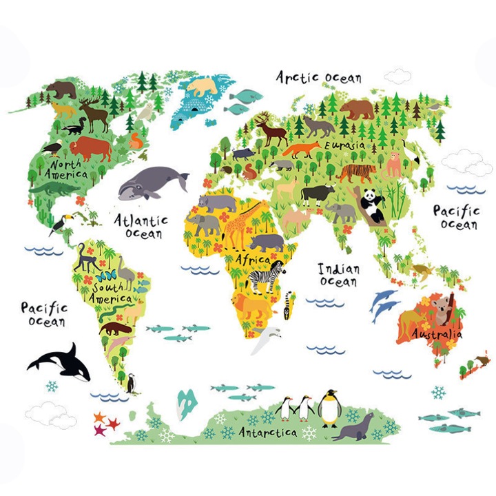 Sticker Decorativ, Educativ, Autoadeziv CCmax, Fauna Planetei - Educational Earth Map Sticker, 950x730 mm