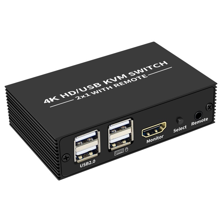 HDMI KVM Switch, JENUOS, támogatja a HD 4K-t, 2 számítógépet csatlakoztat 1 monitorhoz/billentyűzethez/egérhez, fekete