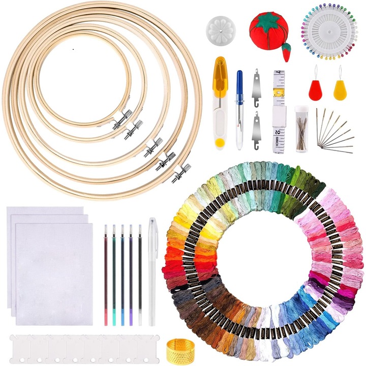 Kit profesional de broderie, JENOUS®, 100 fire colorate, 3 tesaturi, 5 cercuri bambus, pix cu 5 rezerve, 30 ace + alte accesorii, Multicolor