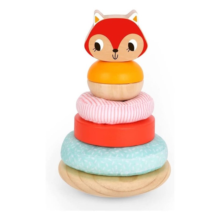 Interaktív játékok csecsemőknek, Montessori, piramiskészlet 6 db Fox gyűrűvel, élénk színek, serkenti a logikus gondolkodást és a kognitív fejlődést, 12 hónaposnál idősebb, többszínű