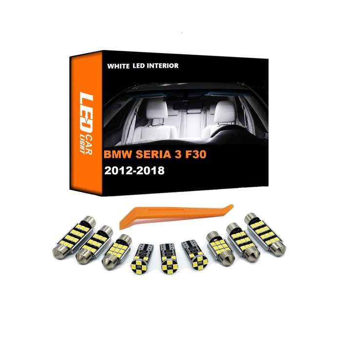 Set 10 Becuri LED Dedicate Auto pentru tot interiorul BMW Seria 3 F30, An 2012 - 2018, Canbus fara eroare, Alb Xenon, 3W, 50.000 ore functionare, Premium