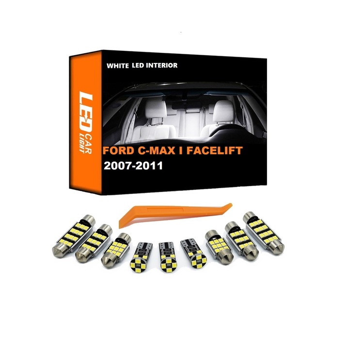 Set 10 Becuri LED Dedicate Auto pentru tot interiorul Ford C-MAX 1 Facelift, An 2007 - 2011, Canbus fara eroare, Alb Xenon, 3W, 50.000 ore functionare, Premium