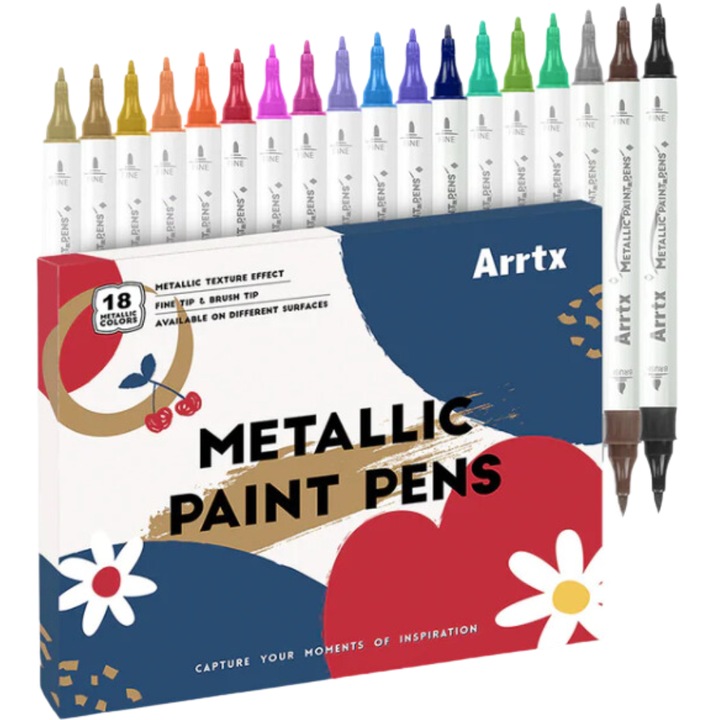 18 darabos fémfesték filctoll készlet, dupla hegyű, Arrtx, vízbázisú, üveghez, kerámiához, kőhöz, fához, műanyaghoz, papírhoz, vászonhoz, tárolódobozzal, többszínű, nem mérgező, gyorsan száradó