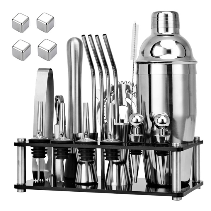 Set preparare cocktail 24 piese, Inox, 750 ml, Argintiu