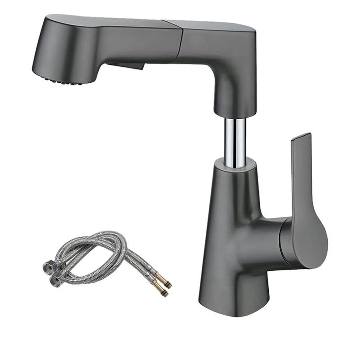 Mosogató csaptelep kihúzható zuhanyzóval, Sárgaréz, Szürke