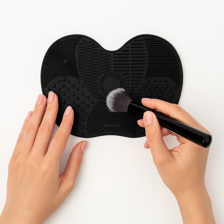 Paleta din silicon cu striatii tip dispozitiv pentru curatarea si igienizarea pensulelor de machiaj sau pictura, flexibila, cu ventuze pentru stabilitate si prindere pe diverse suprafete, 12 x 16 cm, negru