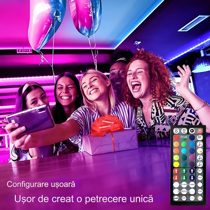 LED lámpák, LED Strip Kit, 5 méter, 44 gomb Led szalaggal, Bluetooth, telefonos alkalmazás, távirányító, 4 zenei mód, Színváltás a zene ritmusára,