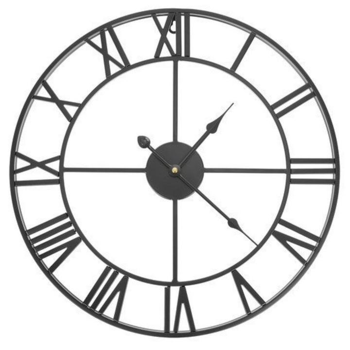 Стенен часовник Mercaton, Винтидж модел с римски цифри, Диаметър 48 см, Металик, Черен