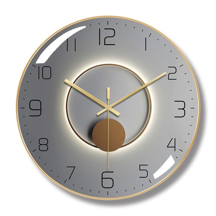 Mercaton® 3D стенен часовник, безшумен, извито стъкло и дърво, 30 x 4,5 см, арабски цифри, сив със златна рамка