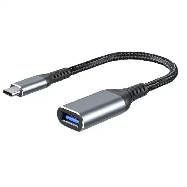 Cablu Adaptor OTG MTP Braided Type C la USB 3.0 10 cm, 5Gbps, Negru/Gray