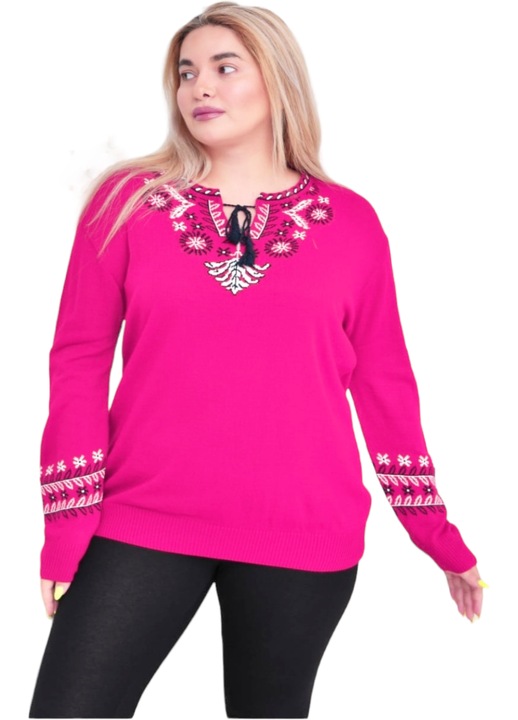 Bluza dama tricotata, stil ie, model traditional, StarFashion, marimi mari, roz, L-3XL