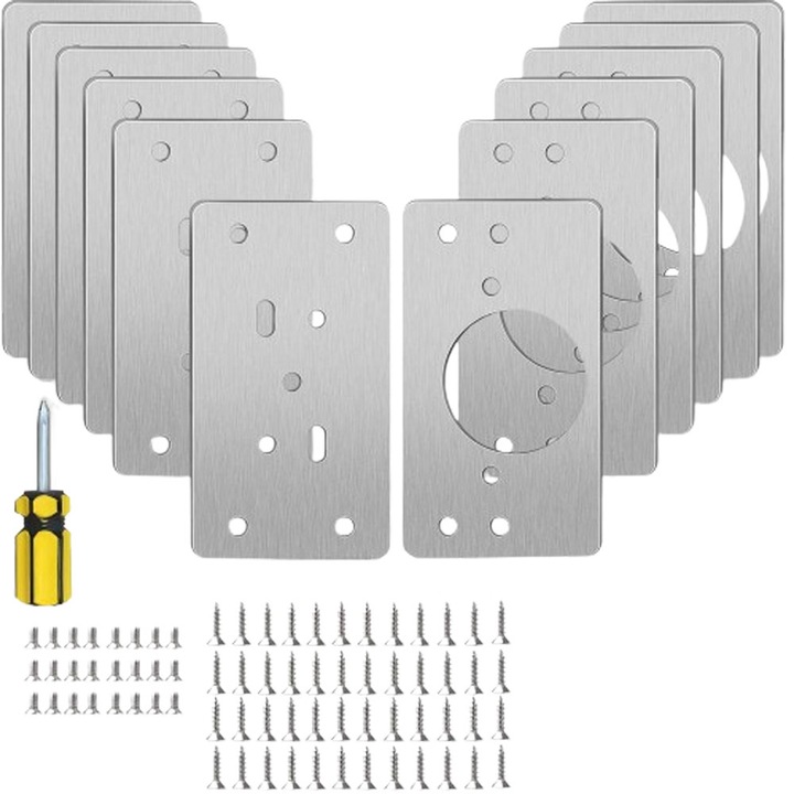 Set 12 placi de reparare balamale/72 suruburi, JENUOS®, Kit complect inchidere lenta, Inox, 9x5 cm, Argintiu