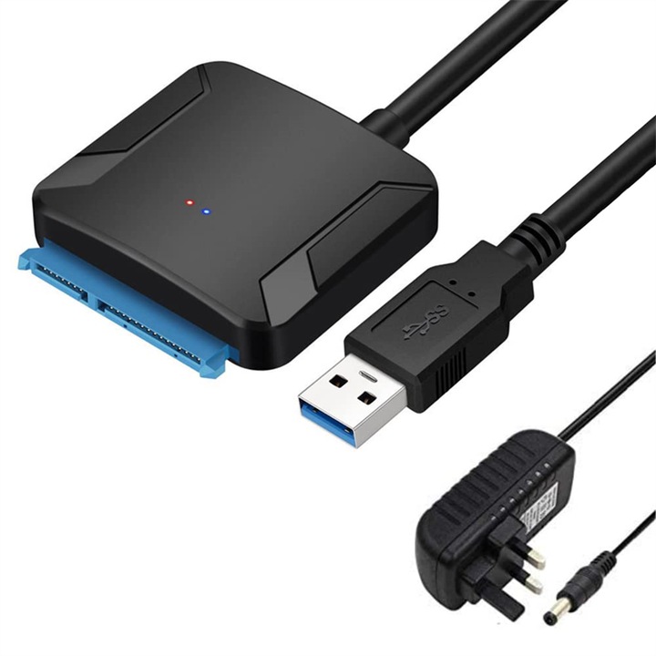 Cablu adaptor USB 3.0 la SATA pentru unitati SSD/HDD de 3,5/2,5 inchi, plug and play, Cu Lumina LED si sursa de alimentare, BOMSTOM, accepta UASP, conexiune USB externa, negru