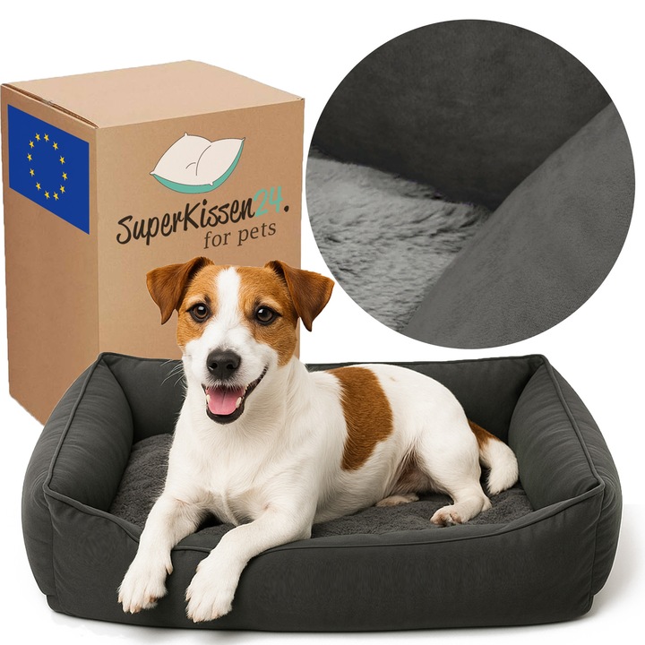 Pat caini si pisici, Catifea, Graphite, perna detasabila, 70x55 cm, covoras moale, saltea caini rezistenta si confortabila, culcus caini, SuperKissen24