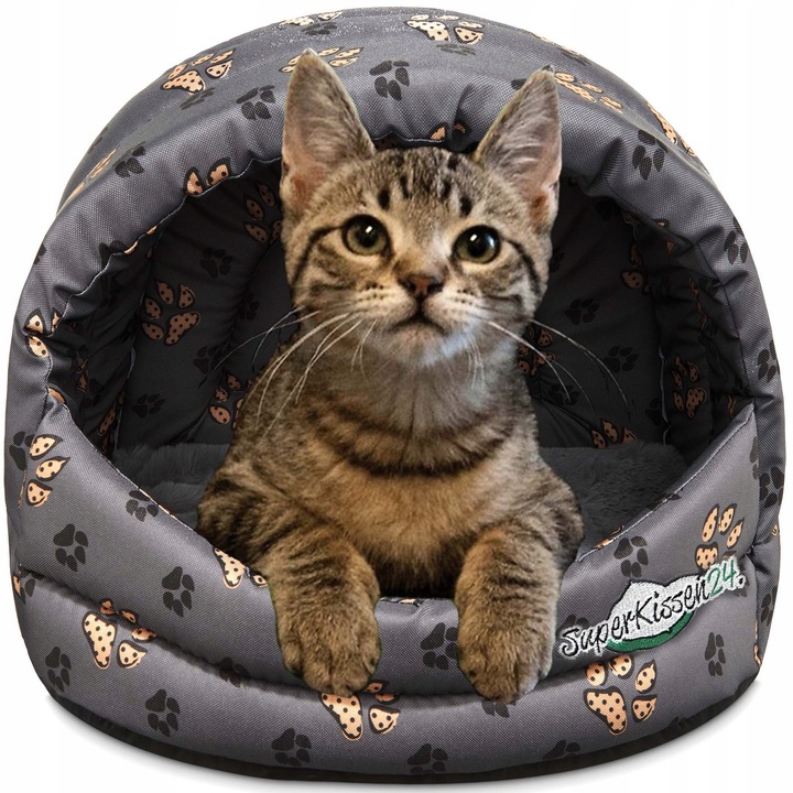 Culcus caini si pisici, Gri, impermeabil, casuta marimea L, rezistenta si confortabila, Pat caini talie mare, SuperKissen24