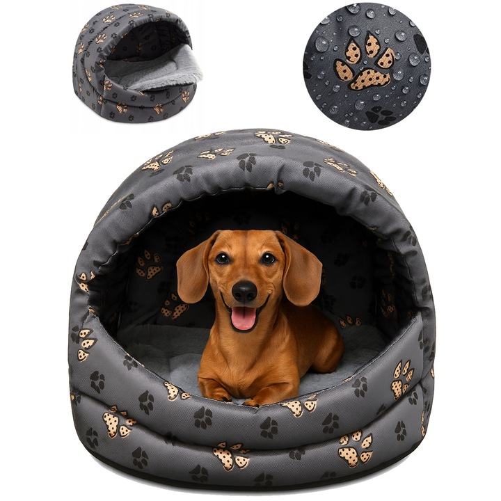 Culcus caini si pisici, Gri, impermeabil, casuta XL, rezistenta si confortabila, Pat caini talie mare, SuperKissen24