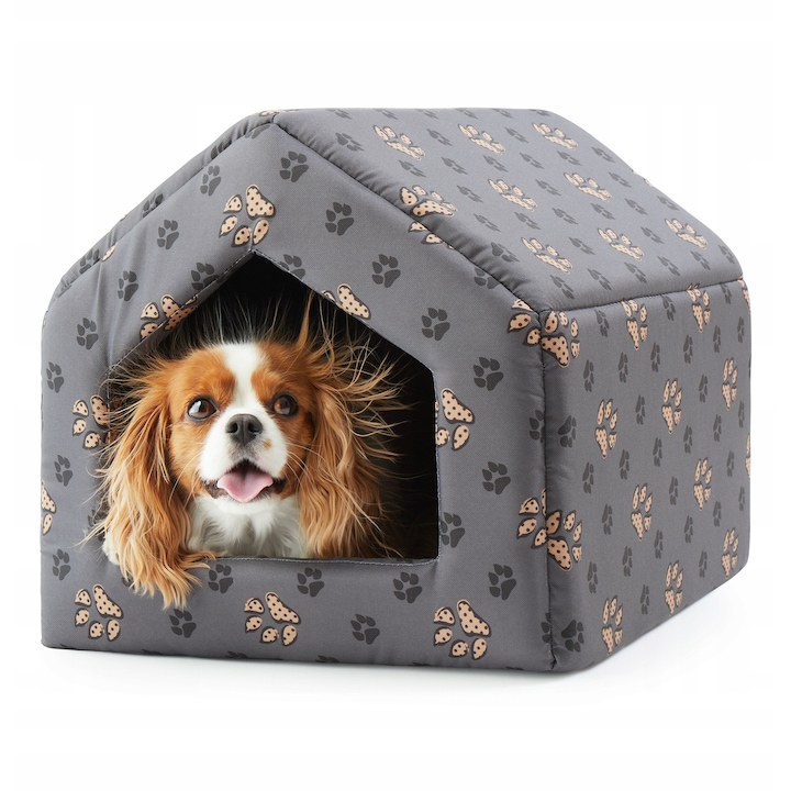 Culcus caini, Gri, impermeabil, casuta caini si pisici, 48x42x38 cm, rezistenta si confortabila, Pat caini talie mare, SuperKissen24