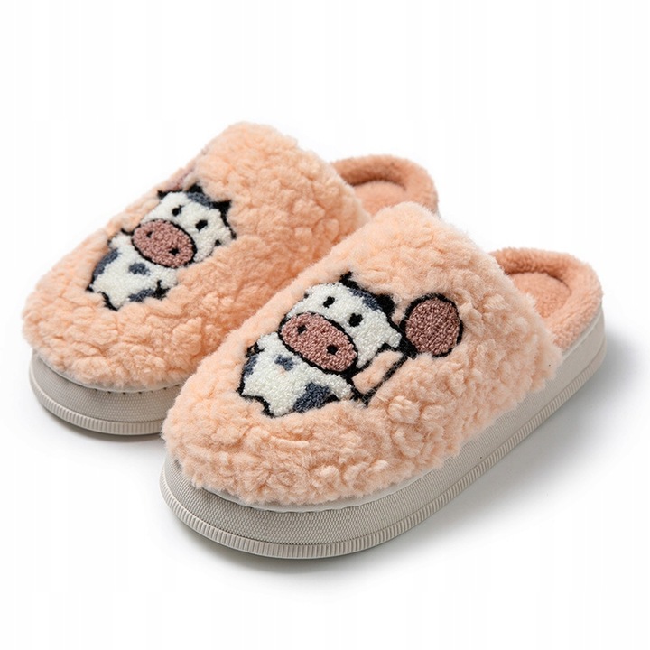 Papuci de casa cu blana pentru femei, Vaca, cald, 36-37 EU, Roz