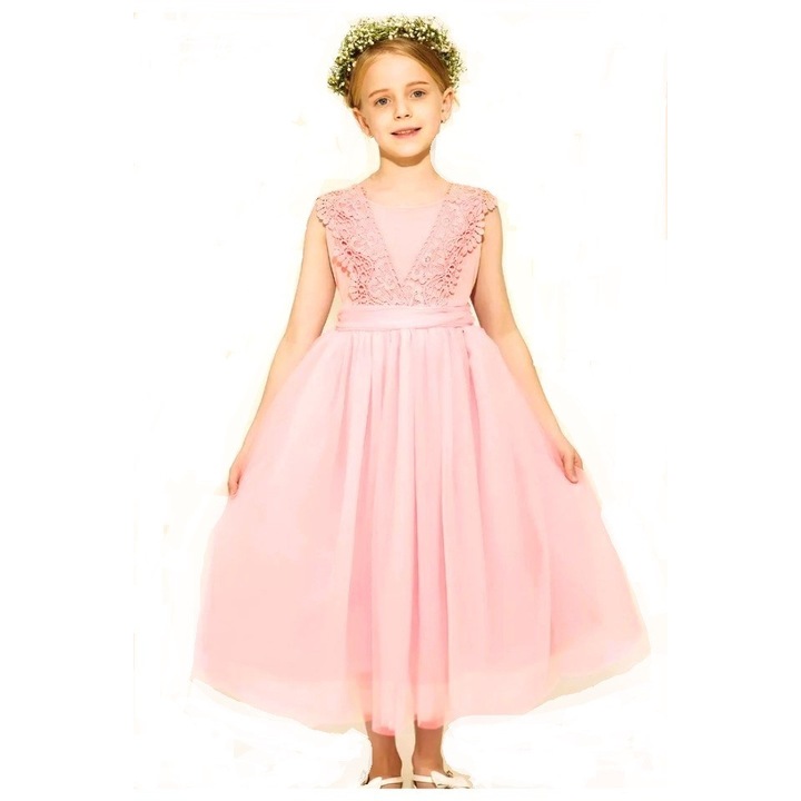 Rochie eleganta pentru fete, tip printesa, tul si dantela, roz - 35468, Roz