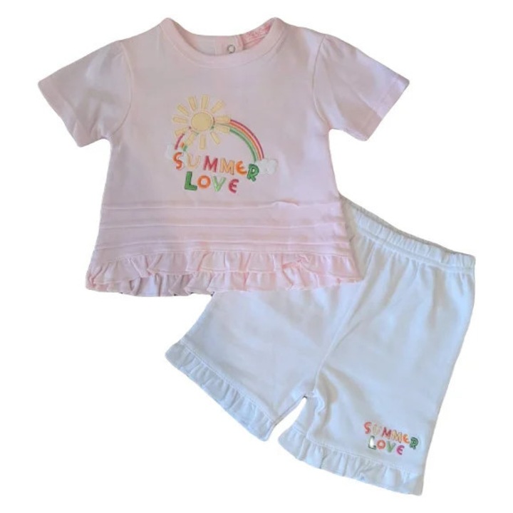 Compleu SuperBebeShop, Cu Pantaloni Scurti Cu Volane, Model Summer Love, Bumbac, Fete, Maneca scurta, Multicolor, 62-68 CM