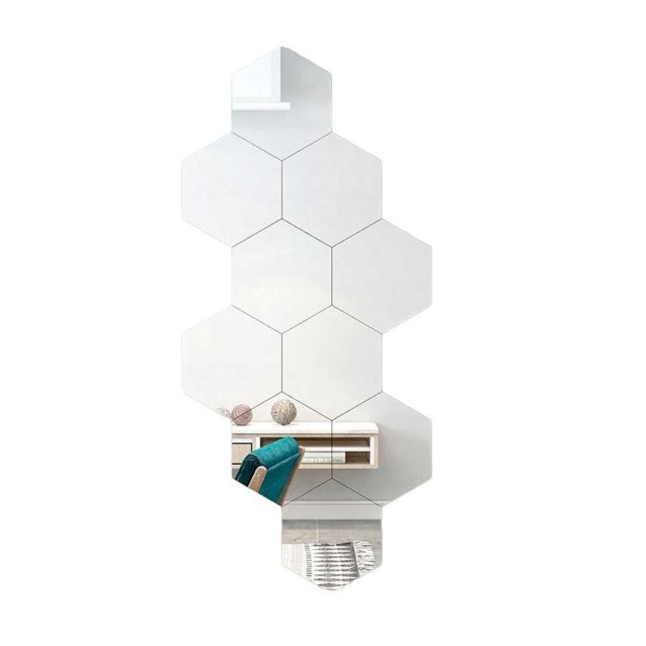 10 db hatszögletű tükör készlet, Öntapadós, Akril, Ezüst