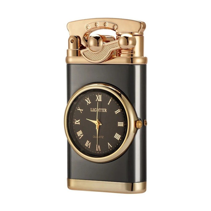 Bricheta Reincarcabila Mercaton, pe Gaz cu Flacara Alba Antivant si Ceas Reglabil Incorporat, 7.5 x 3.8 x 1.5 cm, Negru cu Auriu