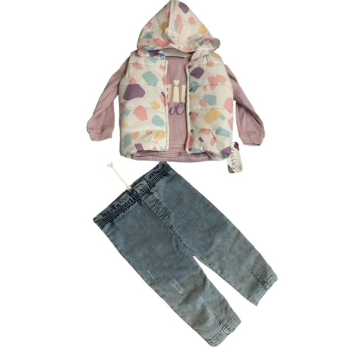 Lányos szett, Necix s, 3 részes, blúz, mellény és farmer, pamut, lila/kék, Többszínű