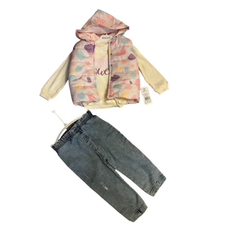 Lányos szett, Necix s, 3 részes, blúz, mellény és farmer, pamut, fehér/kék, Többszínű