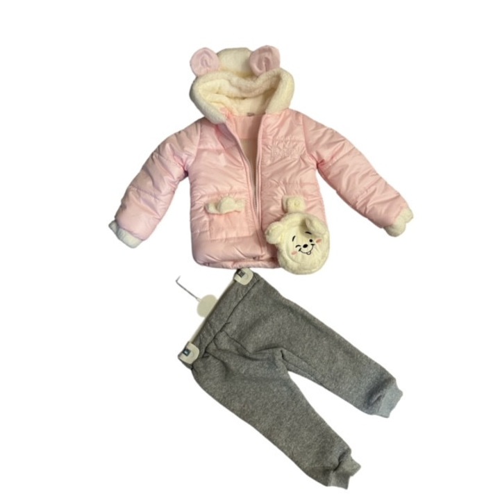 Női szett, Donino, 3 részes, Téli kabát, blúz, nadrág, Pénztárca kiegészítő, Pamut, Rózsaszín/Szürke, Többszínű