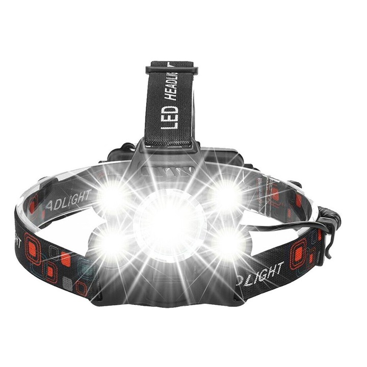 Lanterna pentru cap DDK 230V, lumina rece puternica, banda reglabila confortabila, iluminare frontala hands-free, ideala drumetii, pescuit, reparatii, camping, uz profesional si casnic, rezistenta la intemperii, autonomie mare, design ergonomic