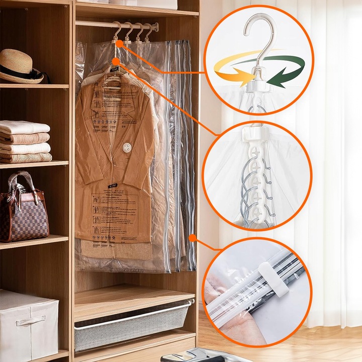 Sac vidat pentru haine cu umeras DomowyŚwiat 70x145 cm transparent, economisire spatiu, protectie impotriva umezelii, prafului si insectelor, ideal depozitare costume, geci, rochii, reutilizabil, inchidere etansa, organizare eficienta dulap