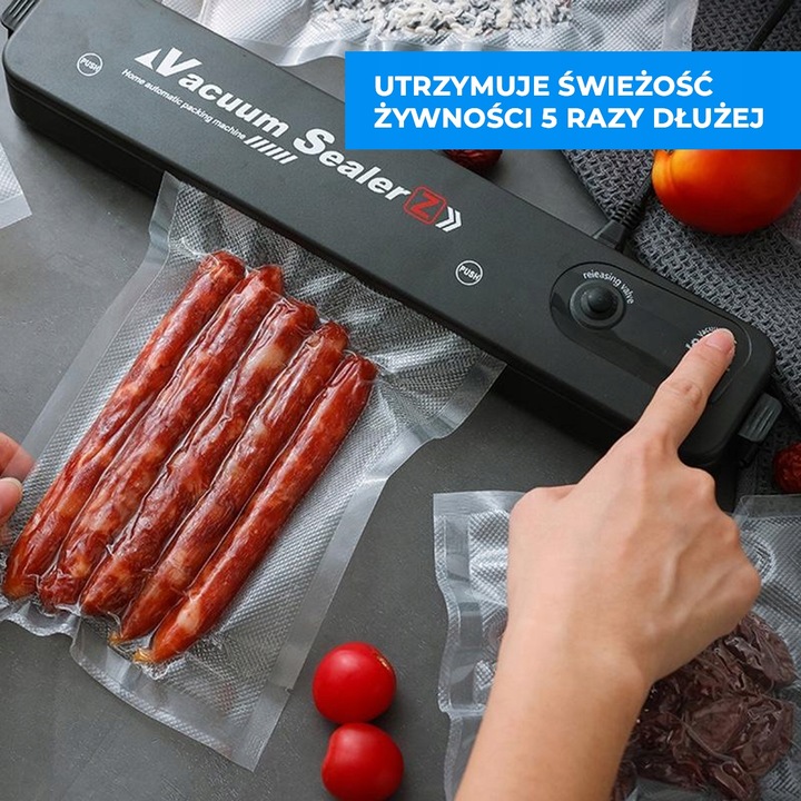 Aparat de vidat Vacuum Sealer 90W negru, 10 pungi incluse, dimensiuni 345x65x40 mm, sigilare alimente uscate si umede, conservare prospetime, pompa puternica, economisire spatiu frigider, functionare automata, aparat compact bucatarie moderna