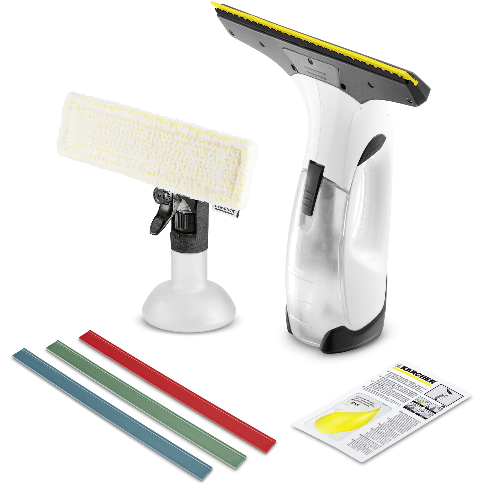 Aspirator pentru geamuri Karcher WV 2 Multifunctionality Promotion, autonomie 35 min, rezervor 100 ml, randament max. 75 m², recipient pulverizator cu laveta, detergent 20 ml, inca