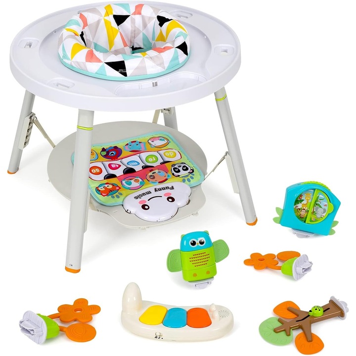 Saritor pentru copii cu centru de activitati si pian WePro Store, 3 in 1, Baby jumper, transformabil in masa de joc, scaun de hranire, Sunete, Lumini, Accesorii atractive, Statie de joc cu covoras muzical, Multicolor, 6 luni +