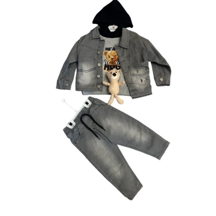 Fiú szett, 3 részes, Jolly Pop, farmer, Szürke, Medve kiegészítő, Hamuszürke